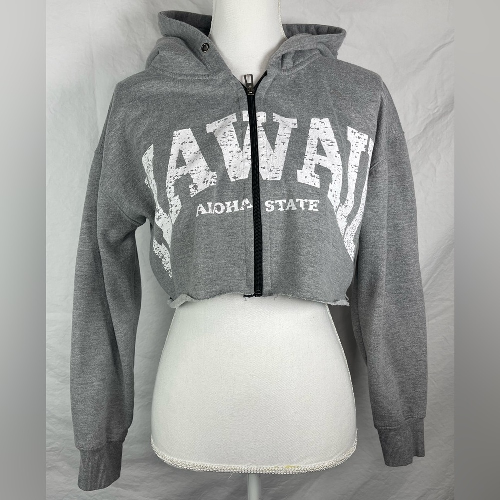 Hawaii-Aloha State-Cropped Hooded Sweatshirt-Zip Up-Gray-S/M-Cotton Blend